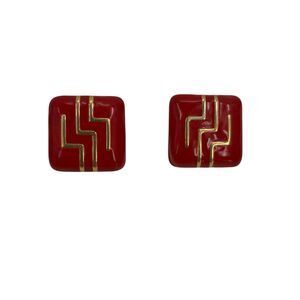 Vintage Monet Red Enamel Gold Tone Square Post Earrings Geometric Retro